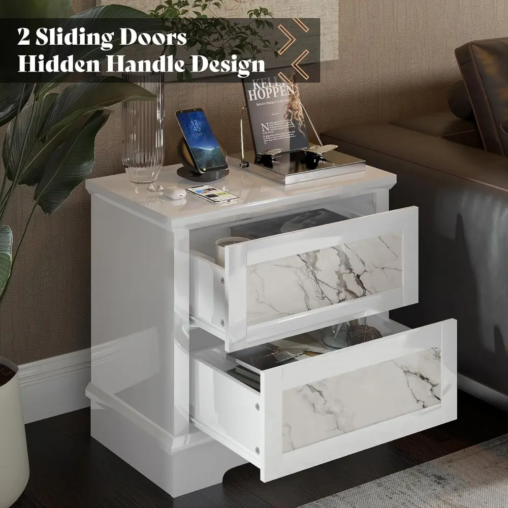 Luxury Natural Marble Nightstand Set of 2 with Drawers, High Gloss Side Tables in Living Room, Storage End Table for Bedroom wi