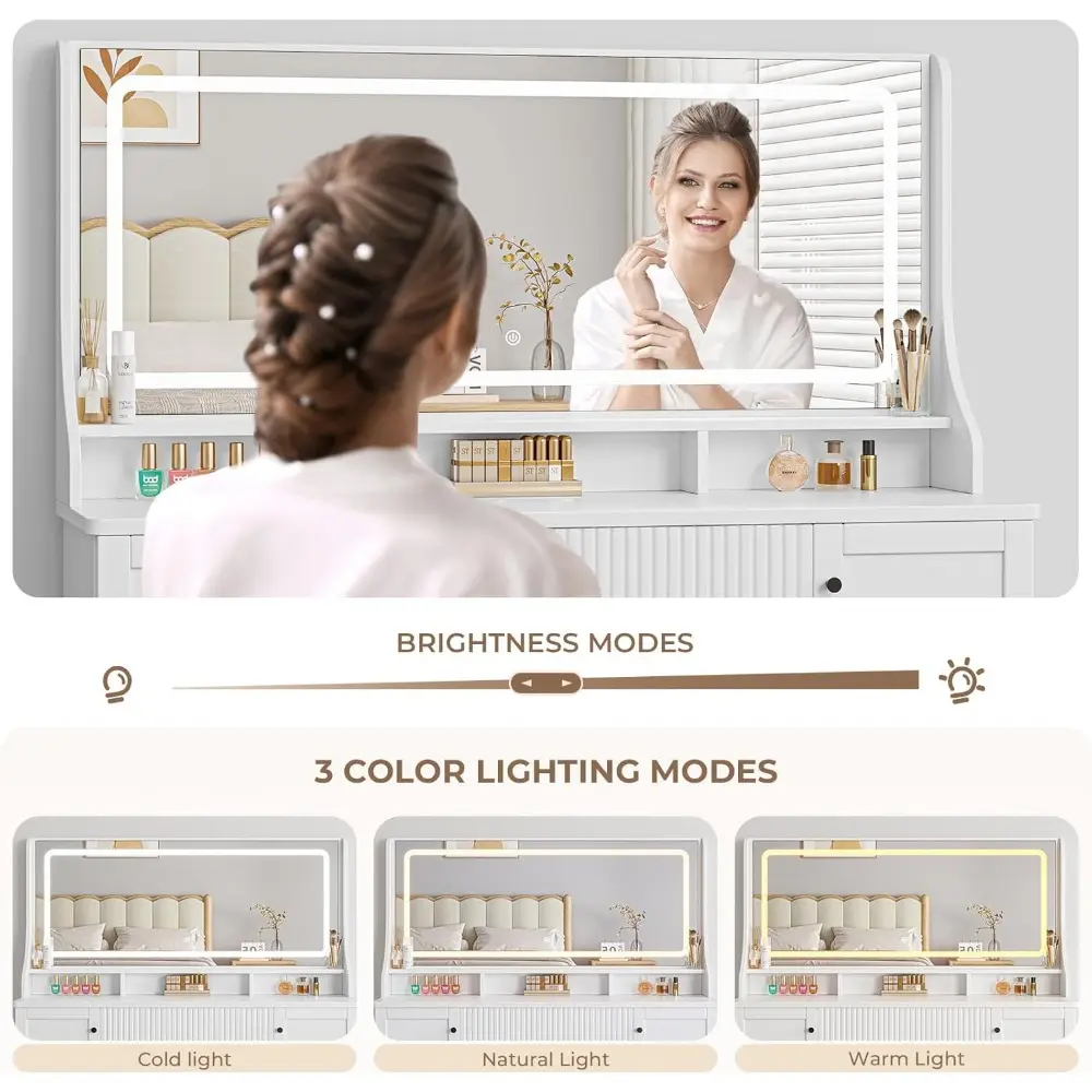 Makeup Vanity Desk with Large Mirror LED Lights 46.5'' Vanity Table with Large Drawers Cabinets and Floating Open Shelf Lighted