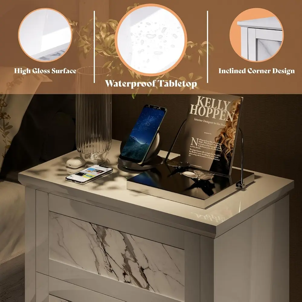 Luxury Natural Marble Nightstand Set of 2 with Drawers, High Gloss Side Tables in Living Room, Storage End Table for Bedroom wi