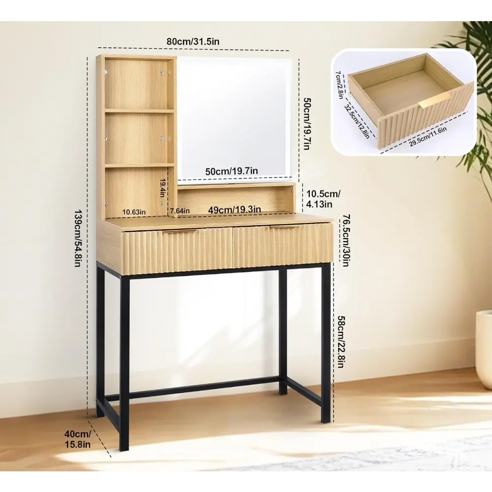 Makeup Vanity Desk with Mirror Oak, Modern Minimalist Dressing Table 3-Color Adjustable Light Mirror, 2 Drawers with Gold Handle