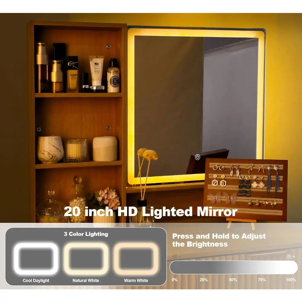 Makeup Vanity Desk with Mirror Oak, Modern Minimalist Dressing Table 3-Color Adjustable Light Mirror, 2 Drawers with Gold Handle