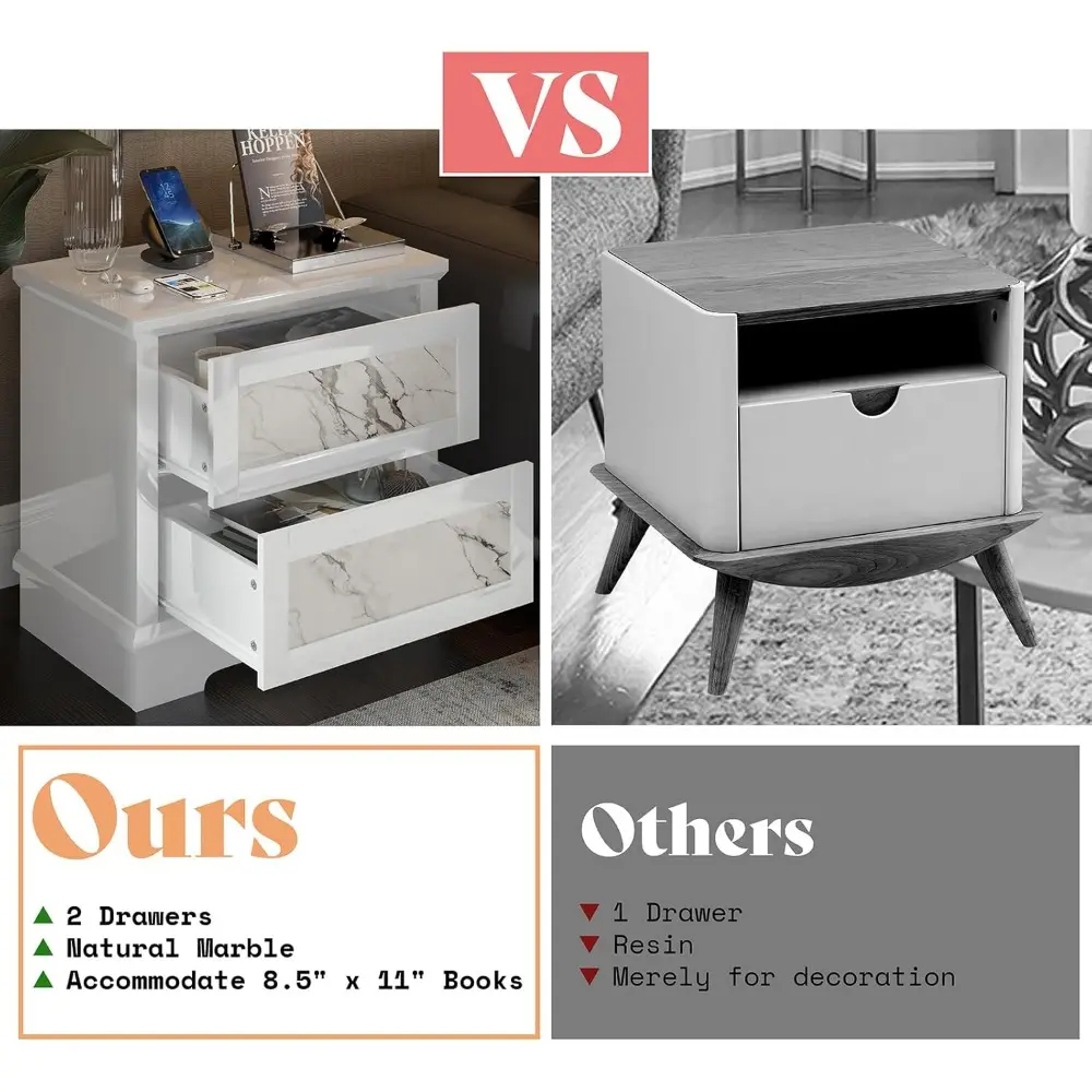 Luxury Natural Marble Nightstand Set of 2 with Drawers, High Gloss Side Tables in Living Room, Storage End Table for Bedroom wi