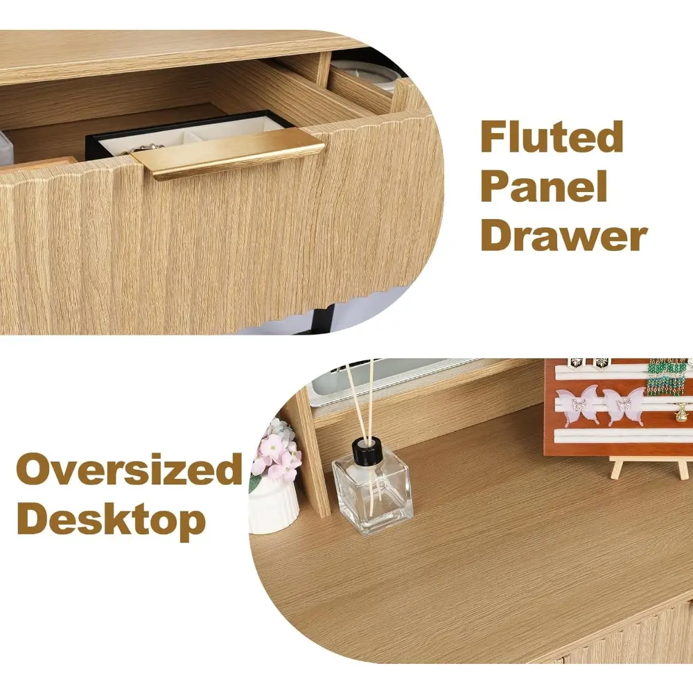Makeup Vanity Desk with Mirror Oak, Modern Minimalist Dressing Table 3-Color Adjustable Light Mirror, 2 Drawers with Gold Handle
