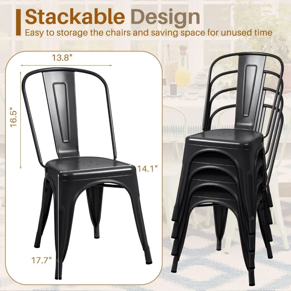 Metal Dining Chair Indoor-Outdoor Use Stackable Classic Trattoria Chair Chic Dining Bistro Cafe Side Metal Chairs Set of 4 (Bla
