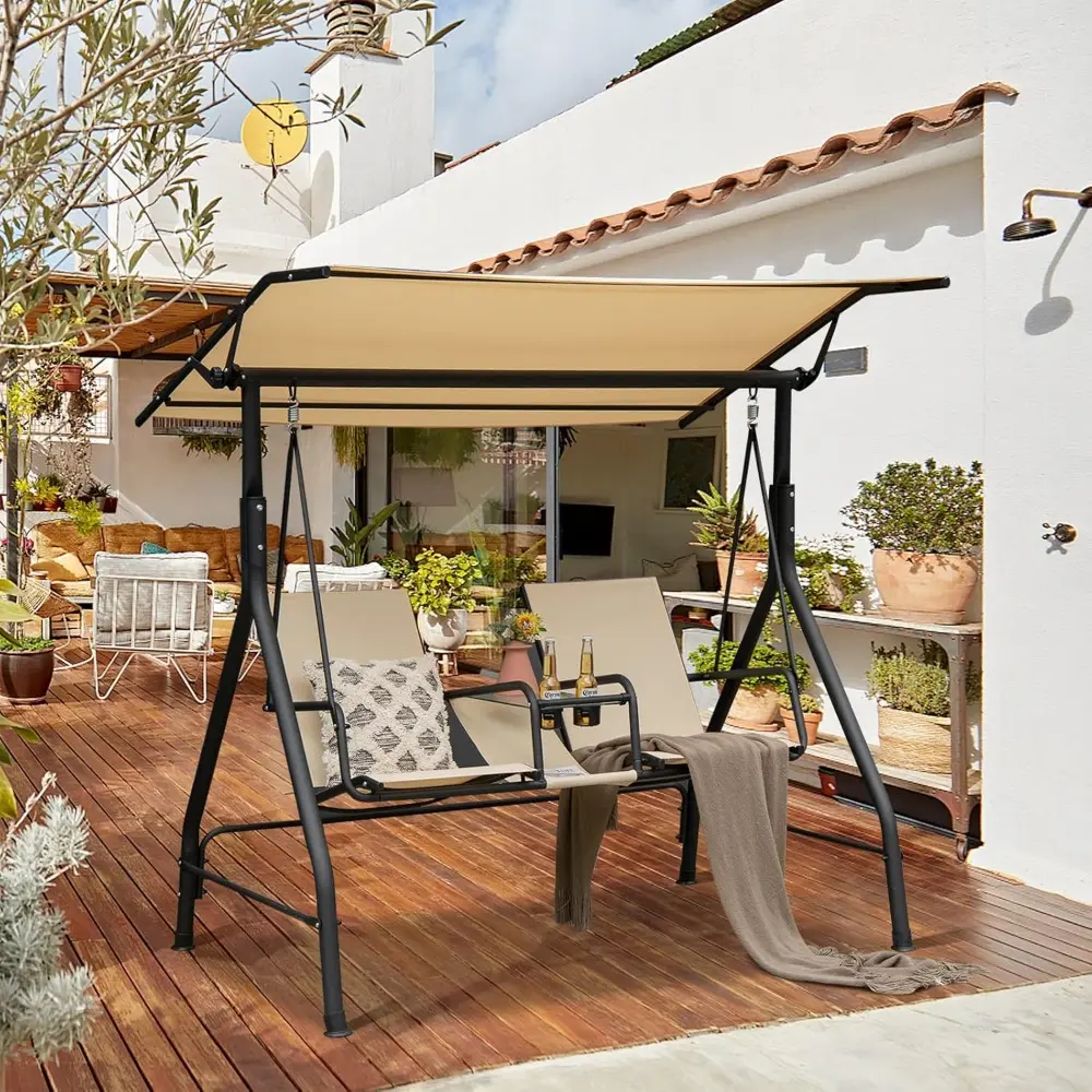 2 Person Porch Swing, Outdoor Swing with Tempered Glass Table, 2 Cup Holder, Patio Swing with Adjustable Canopy for Garden, Por