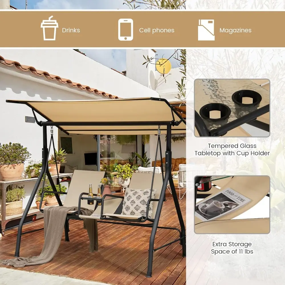 2 Person Porch Swing, Outdoor Swing with Tempered Glass Table, 2 Cup Holder, Patio Swing with Adjustable Canopy for Garden, Por