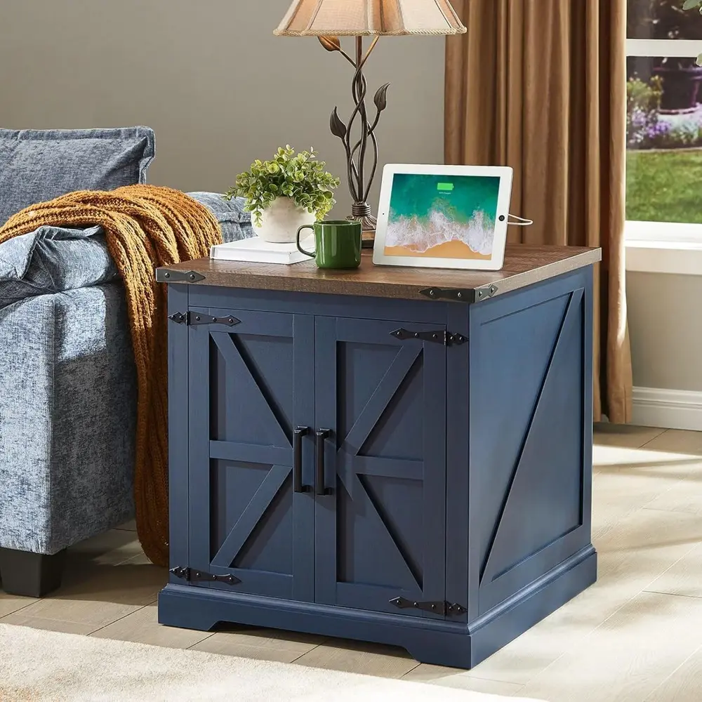 Farmhouse End Table with Charging Station,24" Large Side Table with Barn Door, Rustic Wood Square Nightstand Bedside Table with