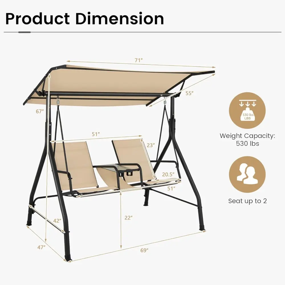 2 Person Porch Swing, Outdoor Swing with Tempered Glass Table, 2 Cup Holder, Patio Swing with Adjustable Canopy for Garden, Por