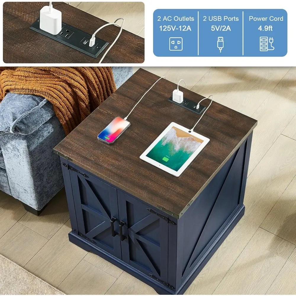 Farmhouse End Table with Charging Station,24" Large Side Table with Barn Door, Rustic Wood Square Nightstand Bedside Table with
