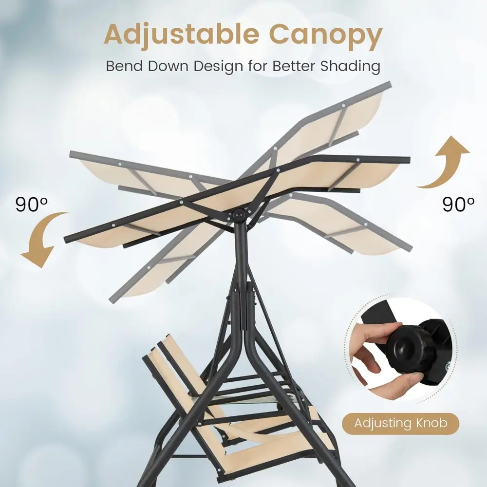 2 Person Porch Swing, Outdoor Swing with Tempered Glass Table, 2 Cup Holder, Patio Swing with Adjustable Canopy for Garden, Por