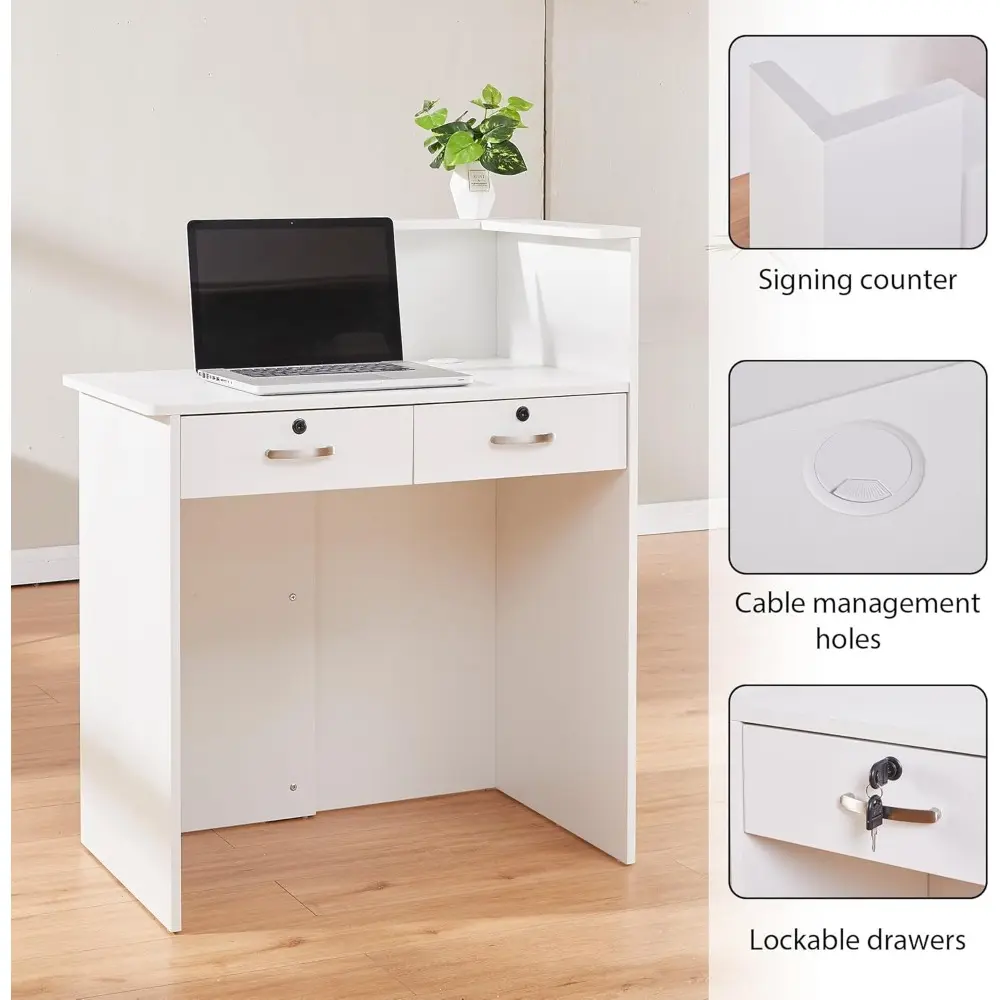 Reception Desk with Two Lockable Drawers,Retail Counter with Cable Management Holes,Small Front Desk for Salon Lobby Office Home