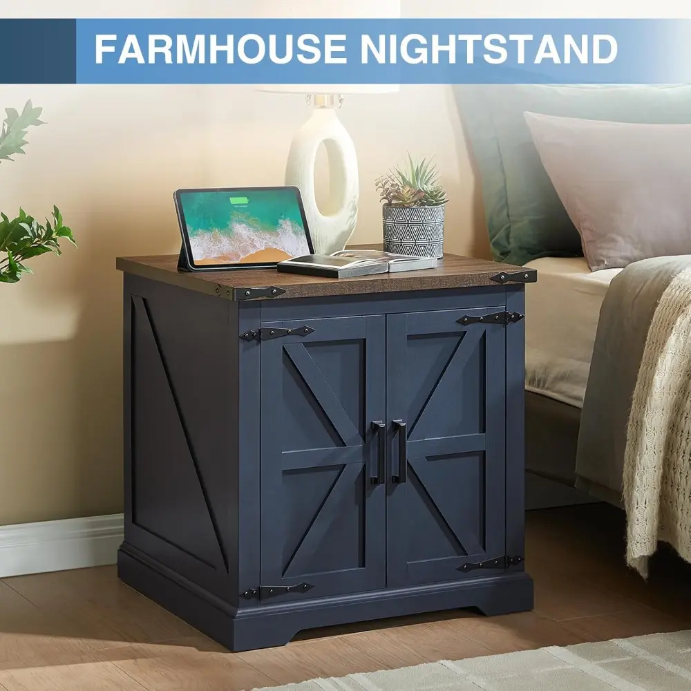 Farmhouse End Table with Charging Station,24" Large Side Table with Barn Door, Rustic Wood Square Nightstand Bedside Table with