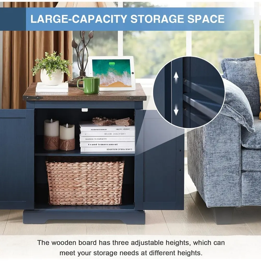 Farmhouse End Table with Charging Station,24" Large Side Table with Barn Door, Rustic Wood Square Nightstand Bedside Table with