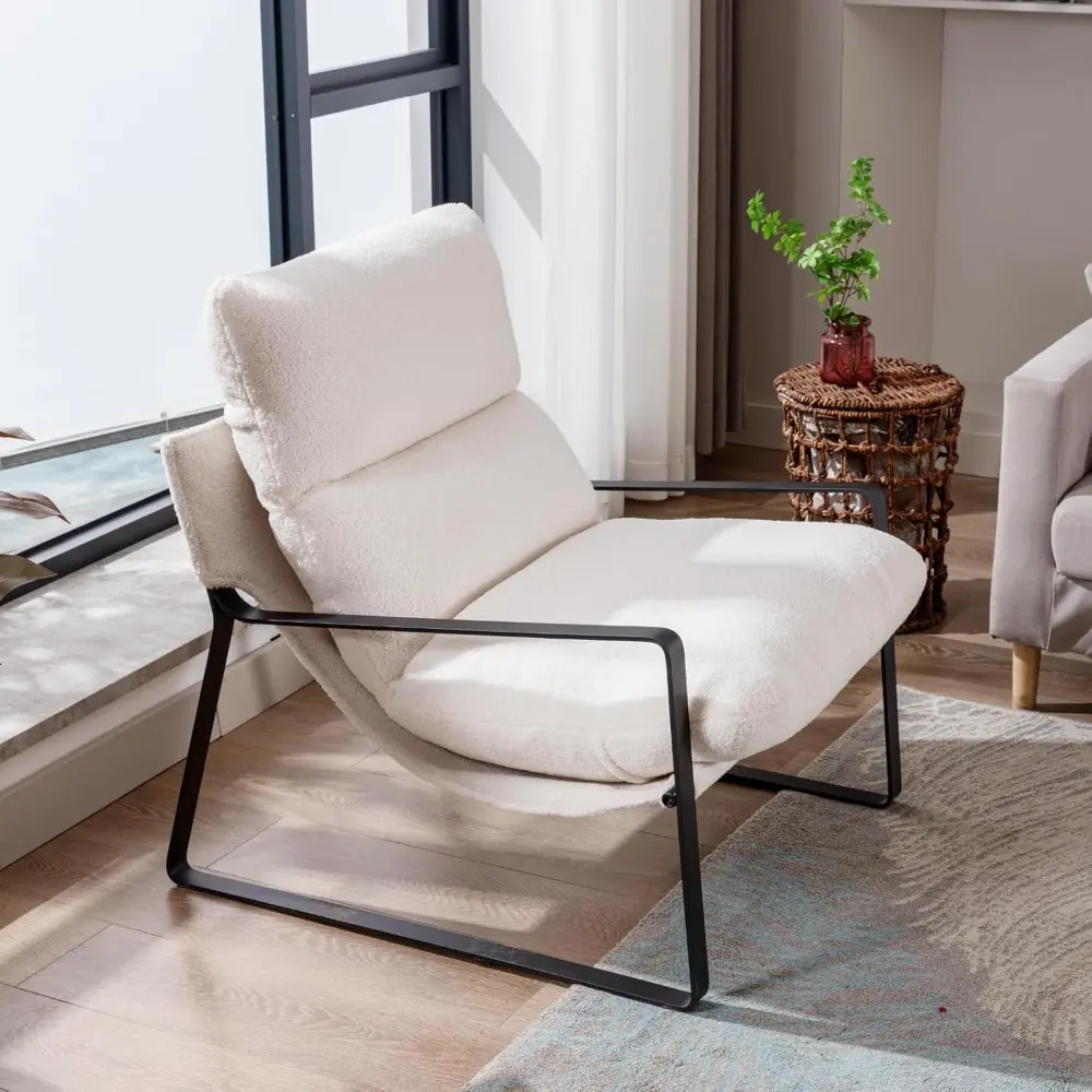 Modern Sherpa Accent Armchair, Upholstered Living Room Chair with Metal Base Thickened Cushion Single Sofa Chair Comfy Lounge C