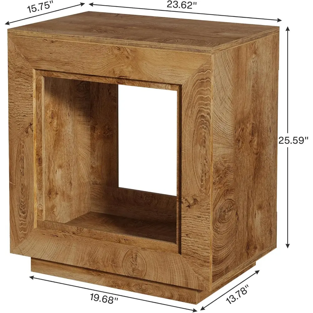 Rustic Brown End Table, 24" Side Table with Storage Shelf, Farmhouse Style Nightstand Bedside Table (2, Natural)
