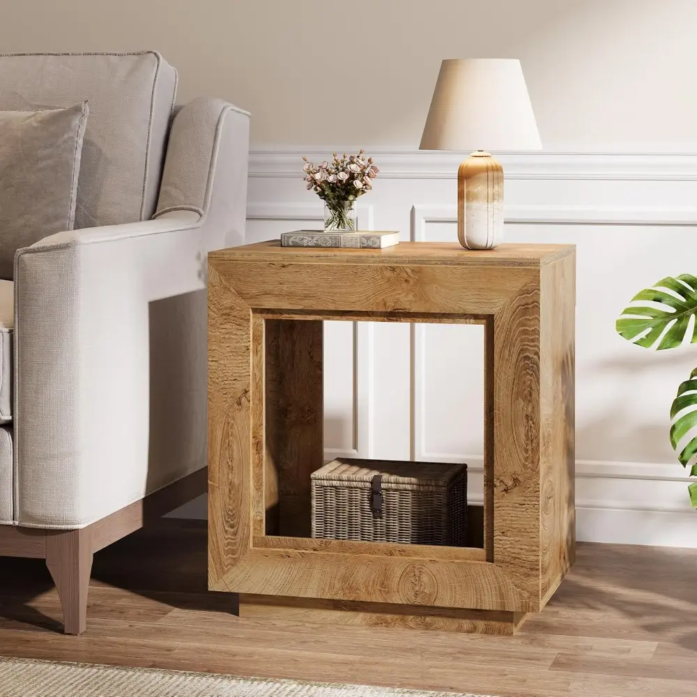 Rustic Brown End Table, 24" Side Table with Storage Shelf, Farmhouse Style Nightstand Bedside Table (2, Natural)