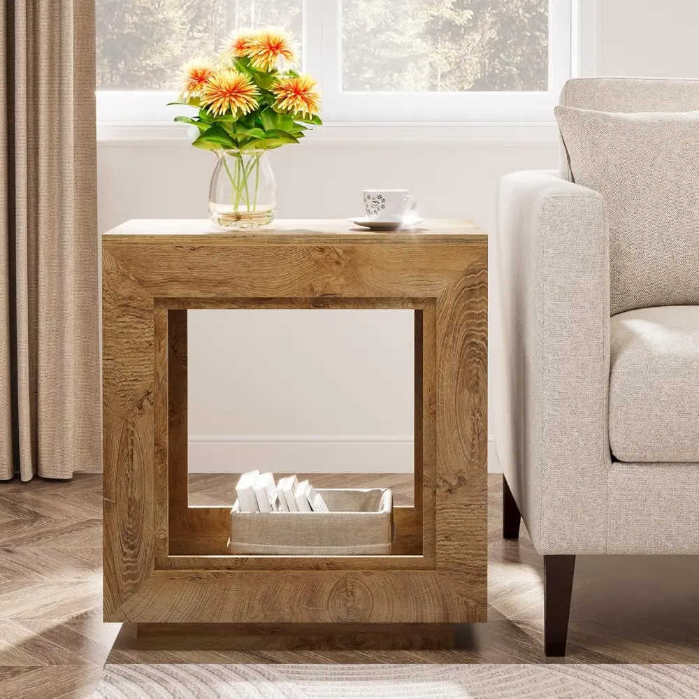 Rustic Brown End Table, 24" Side Table with Storage Shelf, Farmhouse Style Nightstand Bedside Table (2, Natural)