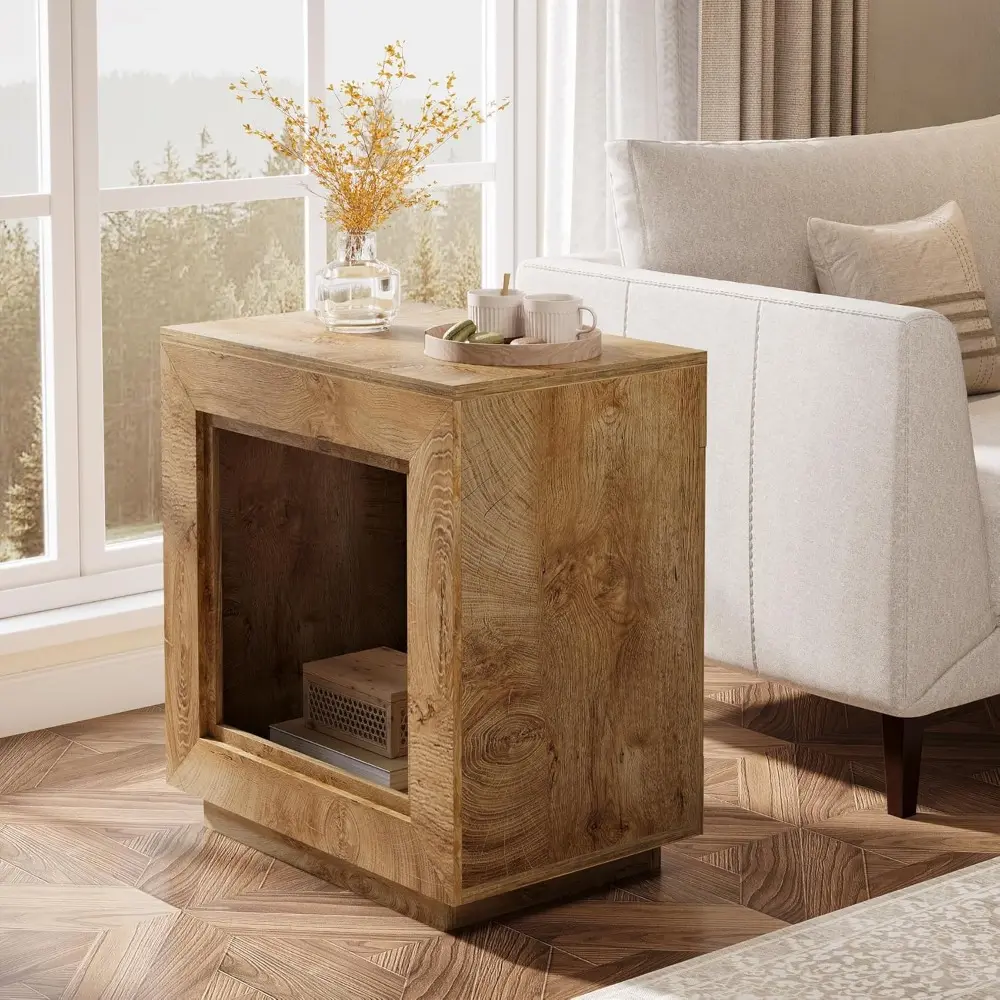 Rustic Brown End Table, 24" Side Table with Storage Shelf, Farmhouse Style Nightstand Bedside Table (2, Natural)