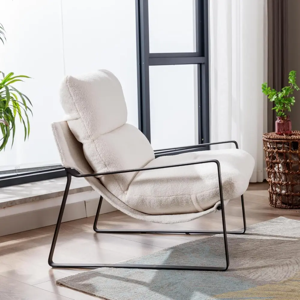 Modern Sherpa Accent Armchair, Upholstered Living Room Chair with Metal Base Thickened Cushion Single Sofa Chair Comfy Lounge C