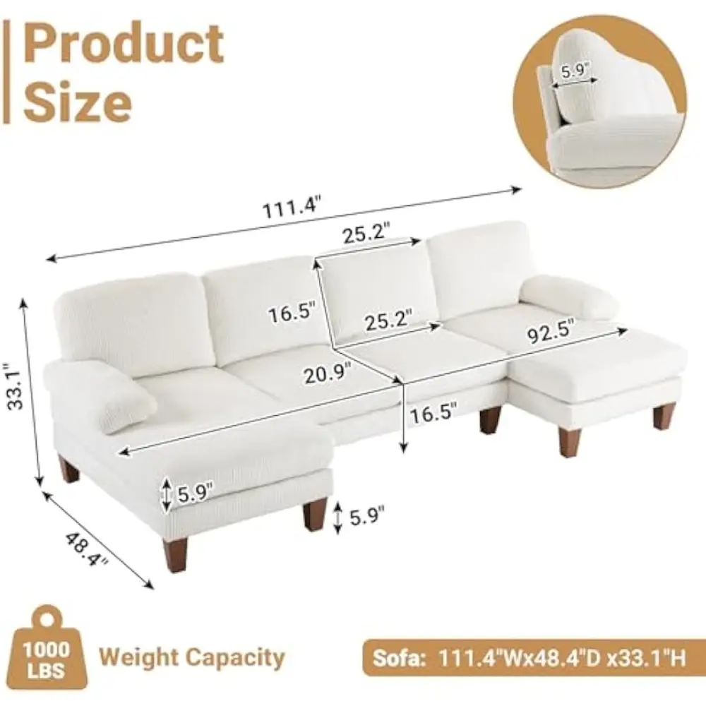 110' U Shaped Comfy Sectional Couch, Double Chaise Sofa in Corduroy Fabric for Apartment, 4-Seater Upholstered Couch with Memor