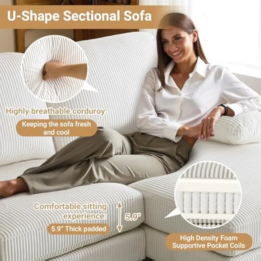 110' U Shaped Comfy Sectional Couch, Double Chaise Sofa in Corduroy Fabric for Apartment, 4-Seater Upholstered Couch with Memor