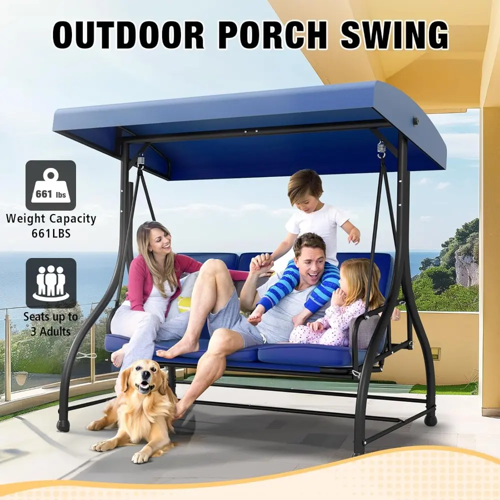 3-Seat Outdoor Porch Swing Bed with Removable Cushion, Patio Swing Chair with Adjustable Canopy, Heavy Duty Support for Outdoor