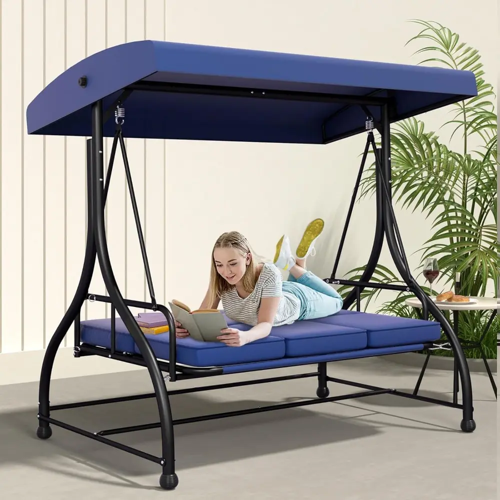 3-Seat Outdoor Porch Swing Bed with Removable Cushion, Patio Swing Chair with Adjustable Canopy, Heavy Duty Support for Outdoor