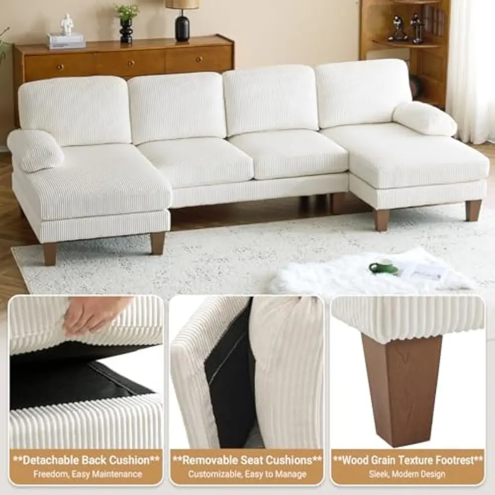 110' U Shaped Comfy Sectional Couch, Double Chaise Sofa in Corduroy Fabric for Apartment, 4-Seater Upholstered Couch with Memor