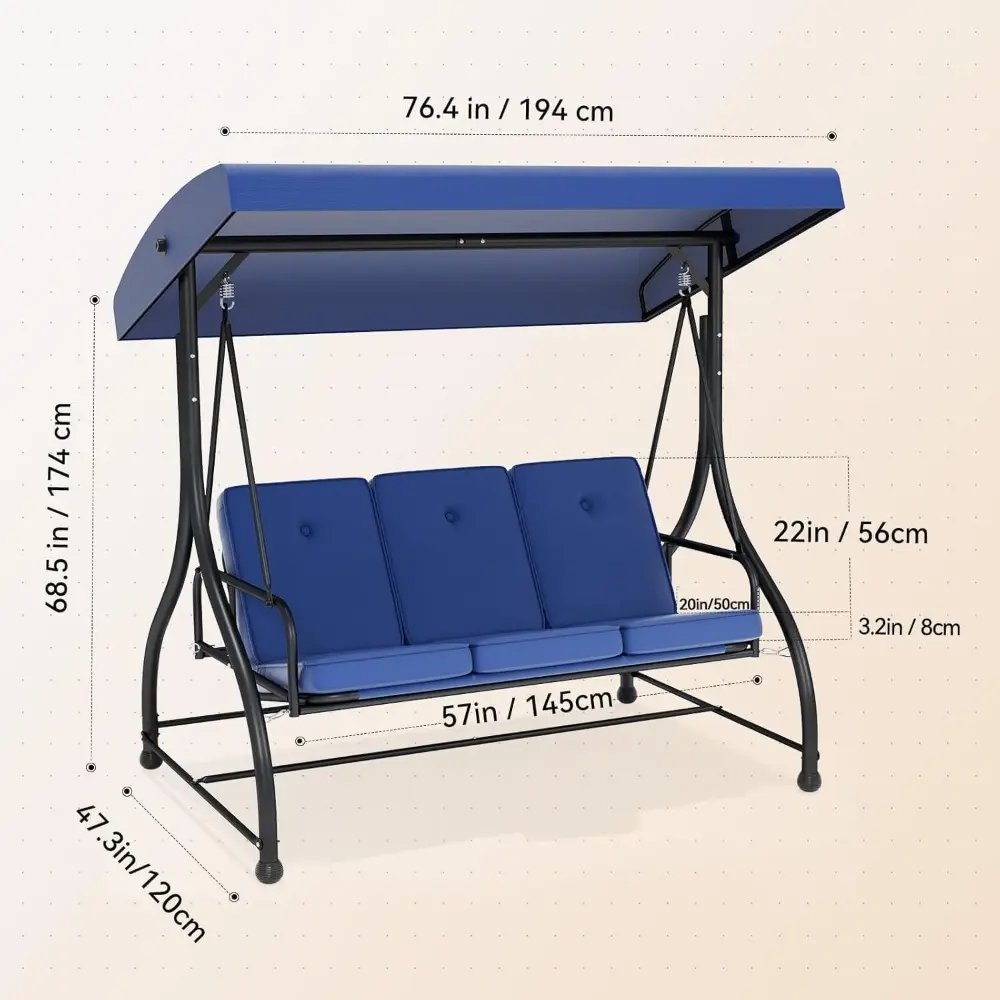 3-Seat Outdoor Porch Swing Bed with Removable Cushion, Patio Swing Chair with Adjustable Canopy, Heavy Duty Support for Outdoor