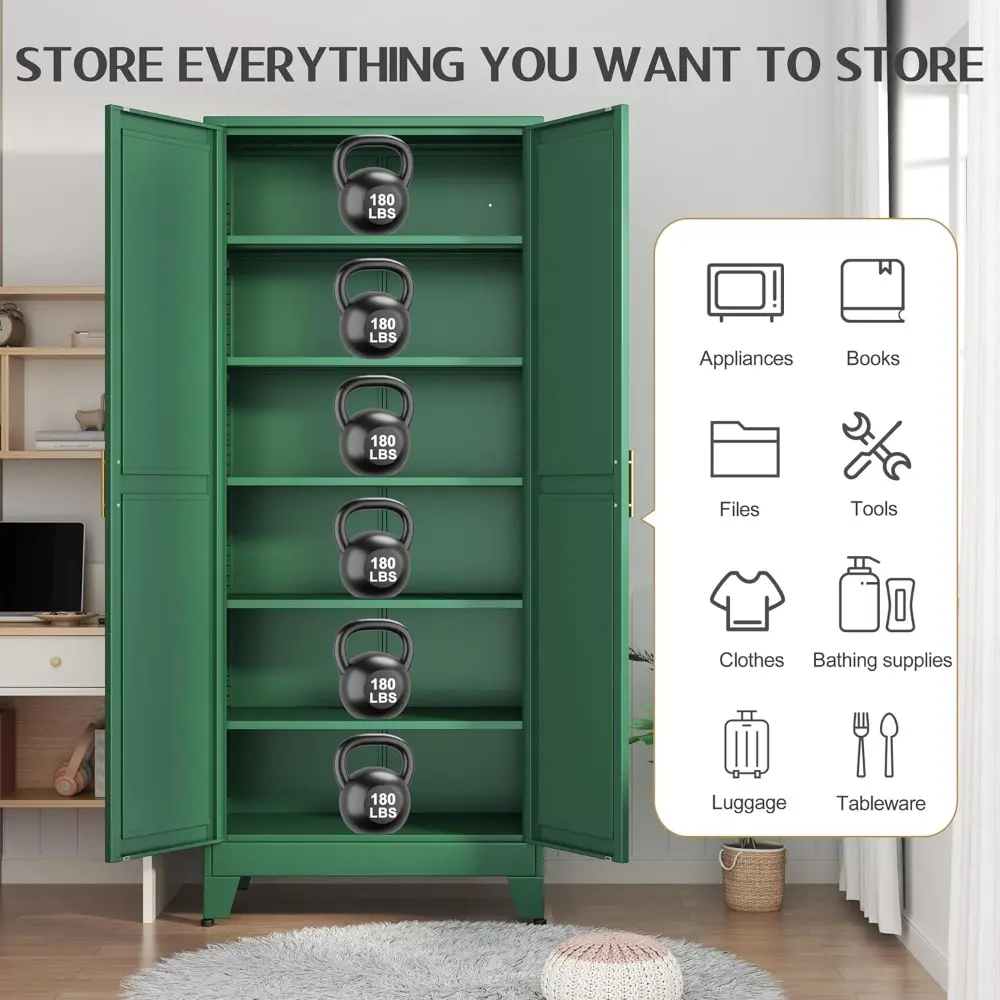 75.2" Tall Kitchen Food Pantry, Pantry Cabinet with 2 Door and 5 Adjustable Shelves, Green Laundry Room Cabinets, Freestanding P