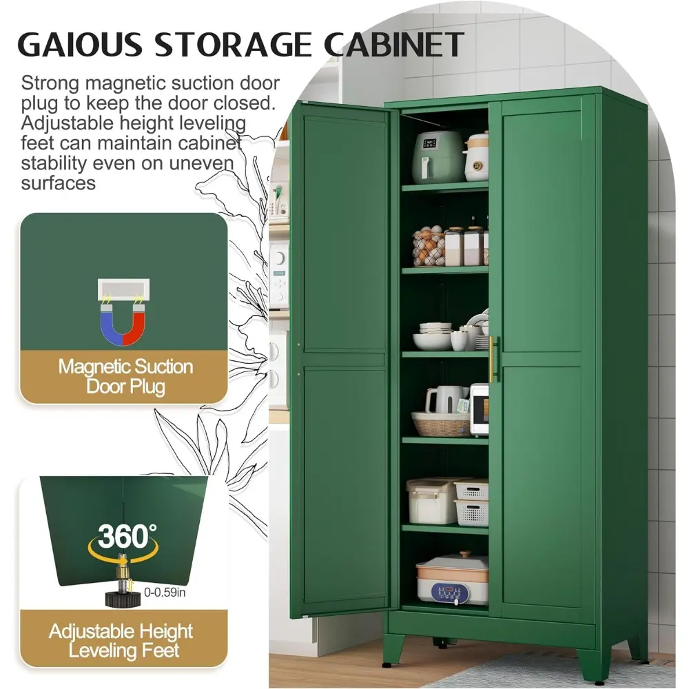 75.2" Tall Kitchen Food Pantry, Pantry Cabinet with 2 Door and 5 Adjustable Shelves, Green Laundry Room Cabinets, Freestanding P