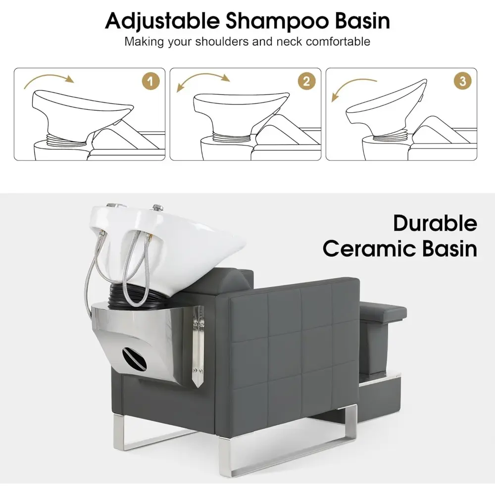 Backwash Shampoo Ceramic Bowl and Chair Set for Salon for Hair Stylist, Adjustable Hair Wash Bowl Unit Station for Spa Beauty S