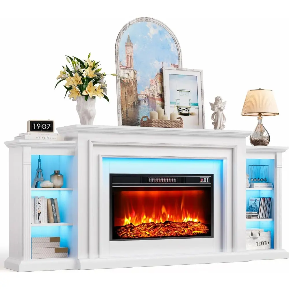 80" LED Electric Fireplace with Mantel, Fireplace TV Stand for 90 Inch TV, Modern Entertainment Center with Storage, Delicate Th