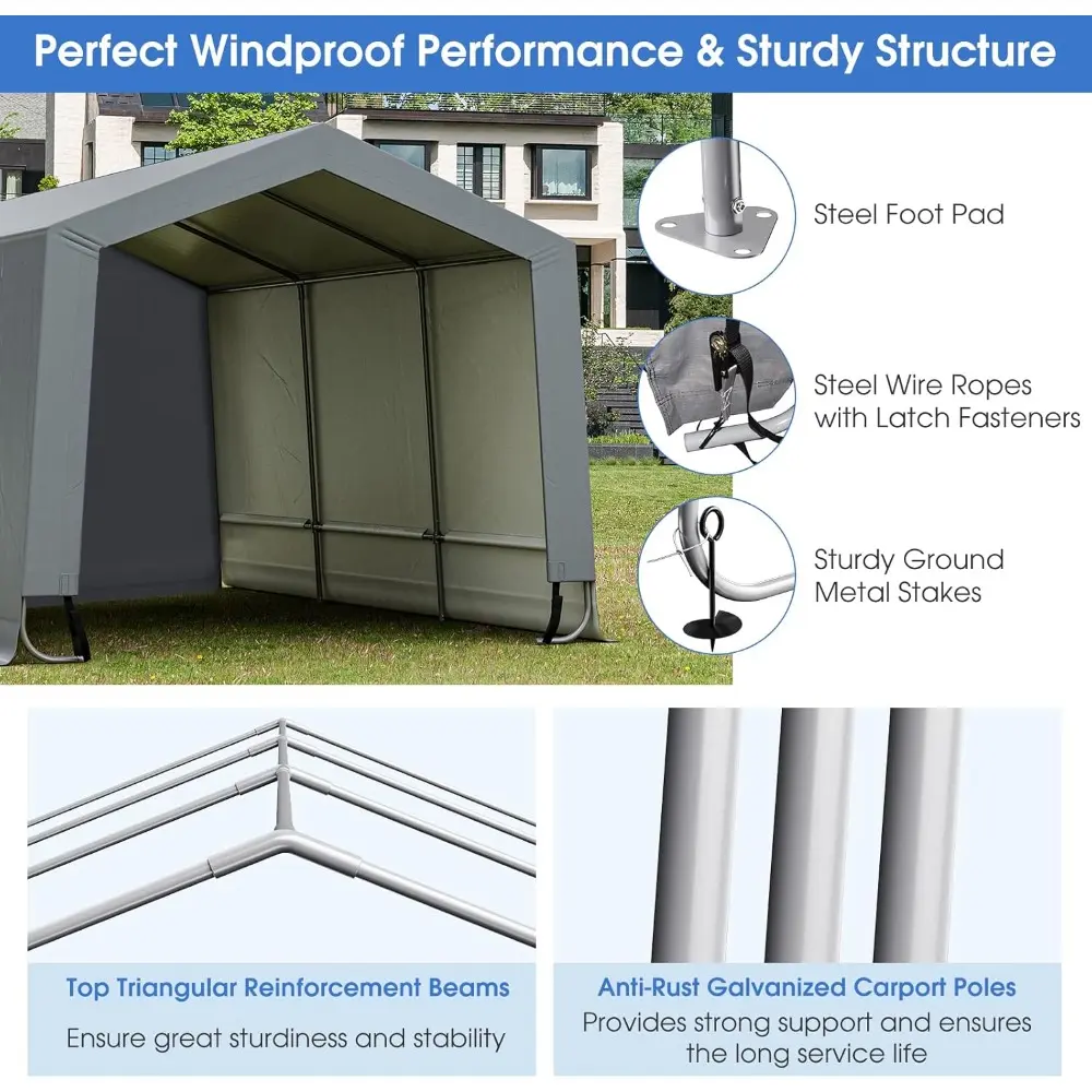 10x16Ft Heavy-Duty Carport, Outdoor Portable Garage with Reinforced Triangular Beams, Galvanized Steel Frame, All-Season Metal