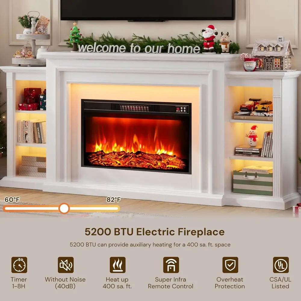 80" LED Electric Fireplace with Mantel, Fireplace TV Stand for 90 Inch TV, Modern Entertainment Center with Storage, Delicate Th