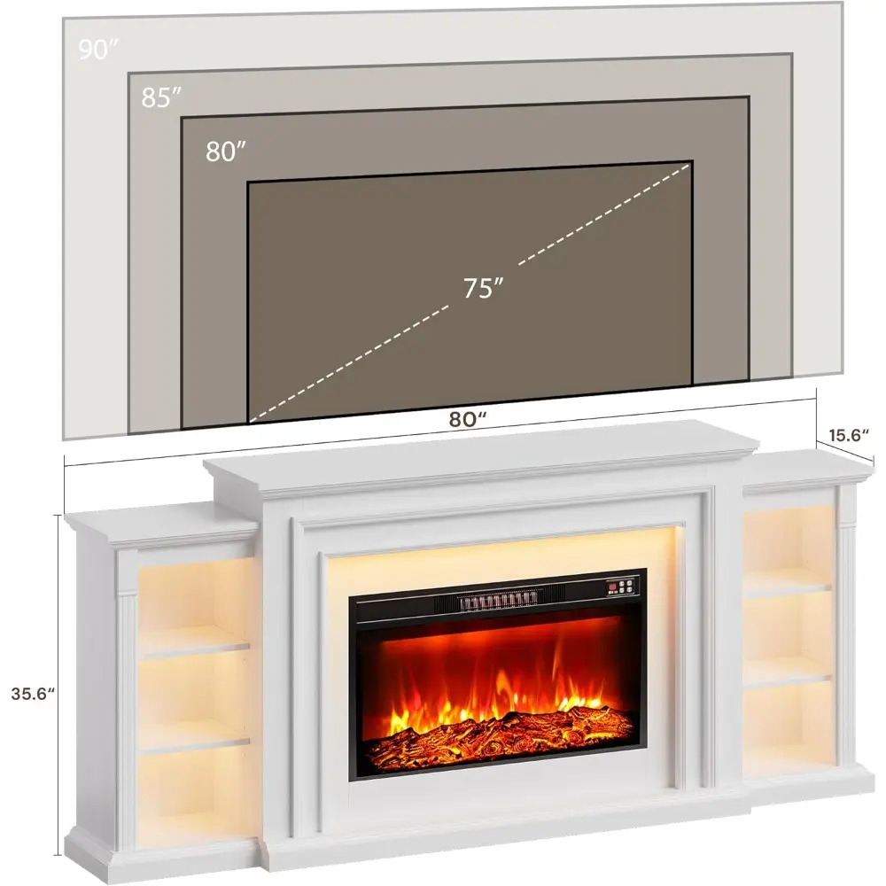 80" LED Electric Fireplace with Mantel, Fireplace TV Stand for 90 Inch TV, Modern Entertainment Center with Storage, Delicate Th
