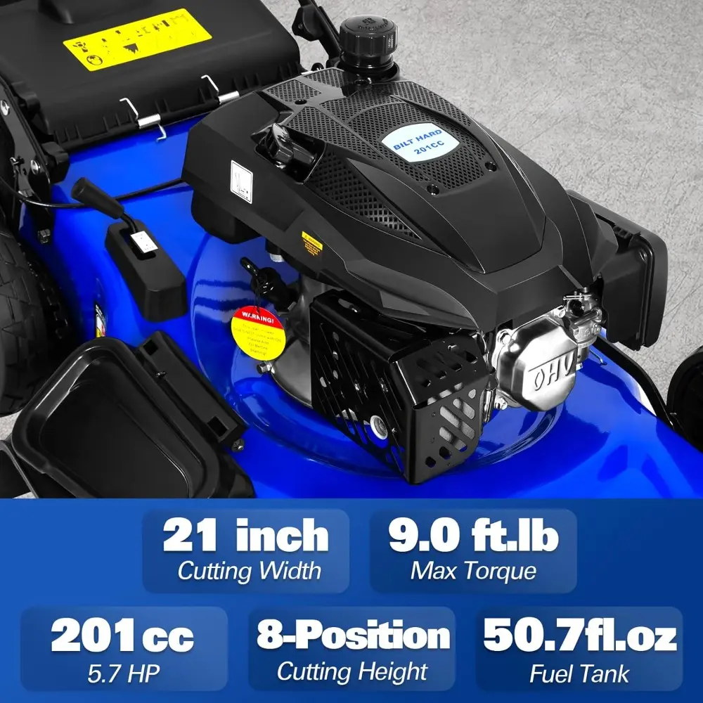 21 Inch Self Propelled Gas Lawn Mower, 201cc 4-Cycle OHV Engine, 3-in-1 Functions (Bagging, Mulching and Side Discharge) with 8