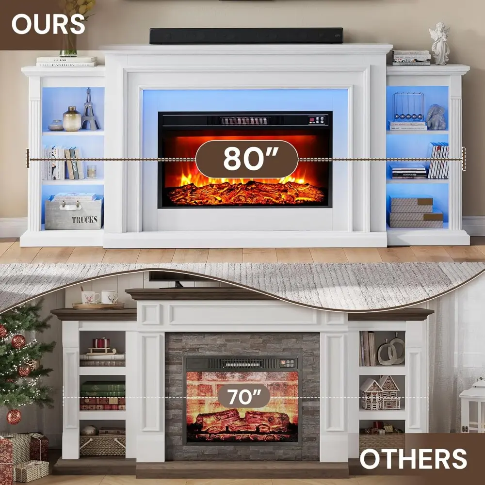 80" LED Electric Fireplace with Mantel, Fireplace TV Stand for 90 Inch TV, Modern Entertainment Center with Storage, Delicate Th