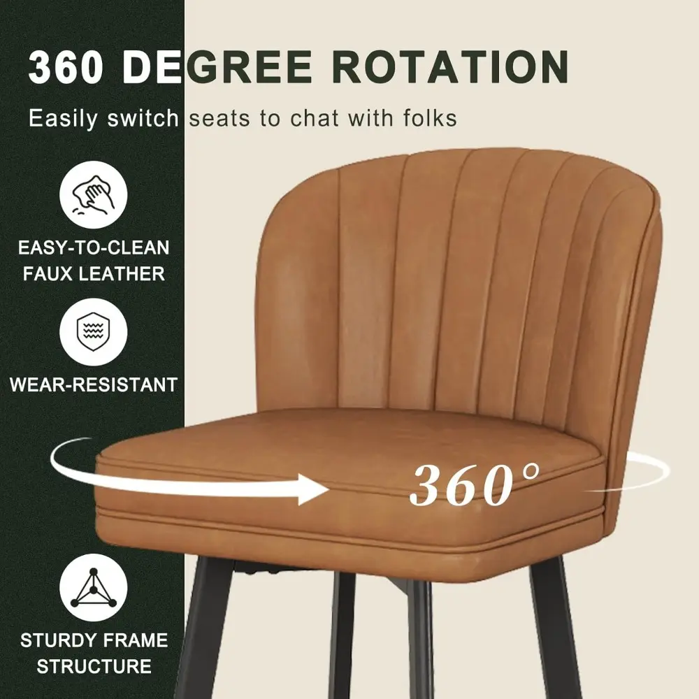 Swivel Counter Height Bar Stools Set of 2, 26'' Modern Barstools with Backs and Metal Legs, Upholstered Bar Chairs, Faux Leather