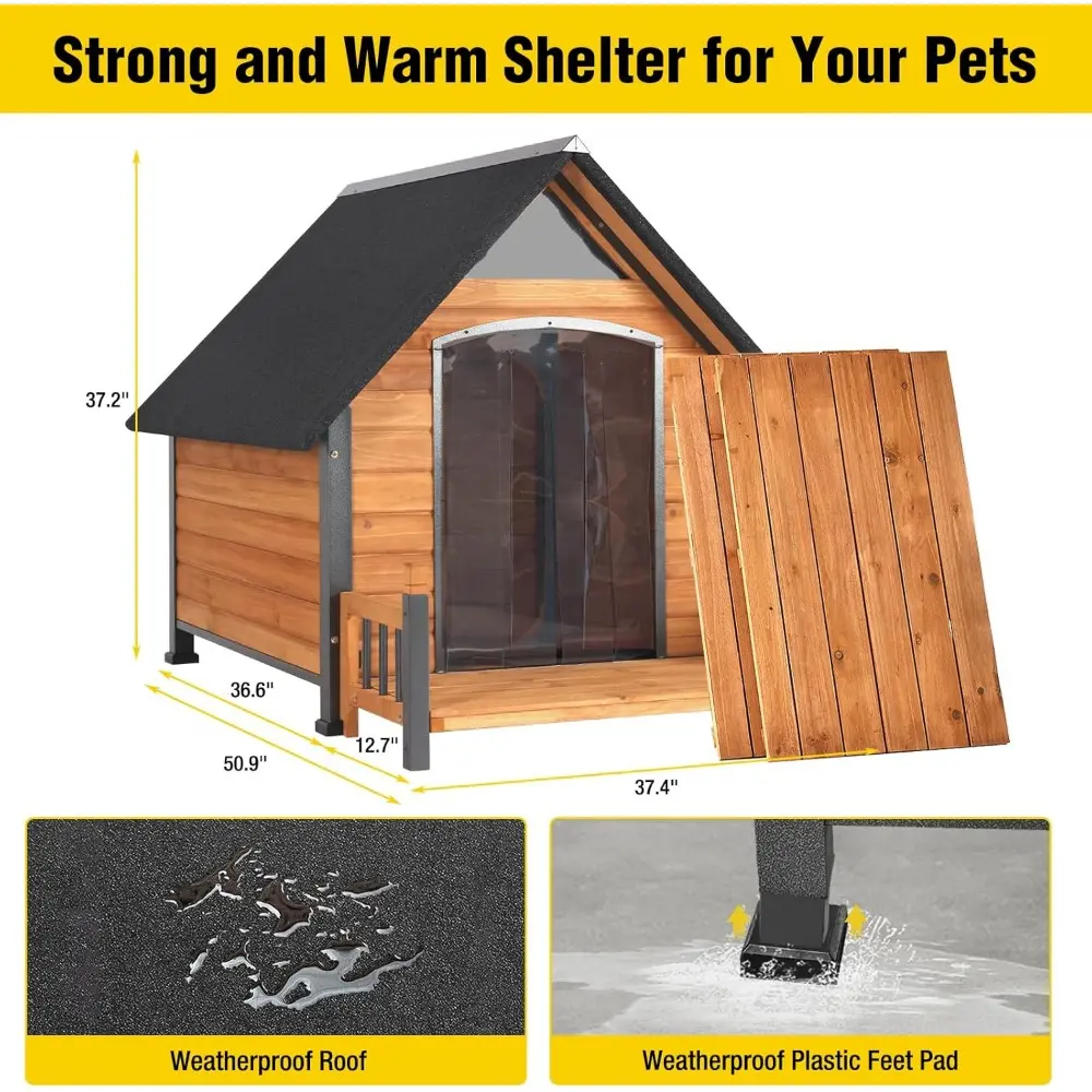 Aivituvin Dog House Outdoor with Metal Frame Outside Dog Kennel with Roof Weatherproof and Raised Legs for Large Medium Small Do