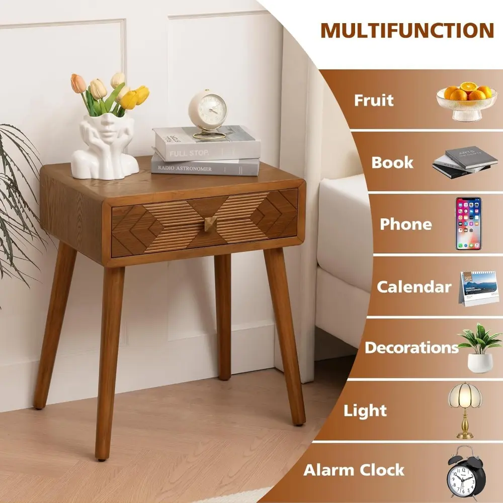 Ahoukua Mid-Century Nightstand with Drawer Set of 2, Brown Bedside Tables with Storage, Rustic Night Stands, Small End Table for