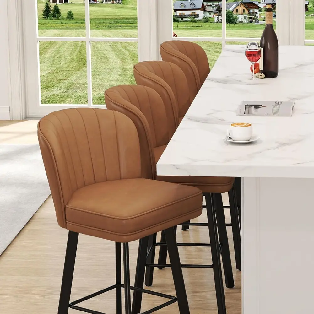 Swivel Counter Height Bar Stools Set of 2, 26'' Modern Barstools with Backs and Metal Legs, Upholstered Bar Chairs, Faux Leather