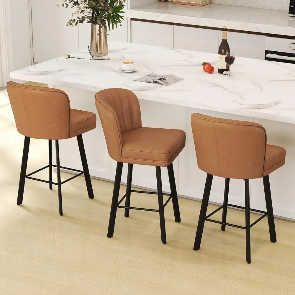 Swivel Counter Height Bar Stools Set of 2, 26'' Modern Barstools with Backs and Metal Legs, Upholstered Bar Chairs, Faux Leather