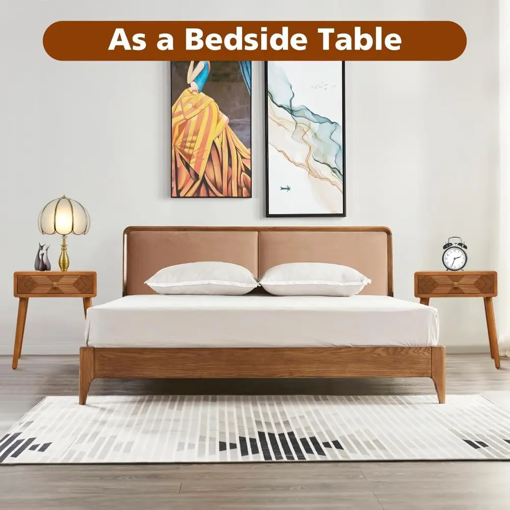 Ahoukua Mid-Century Nightstand with Drawer Set of 2, Brown Bedside Tables with Storage, Rustic Night Stands, Small End Table for