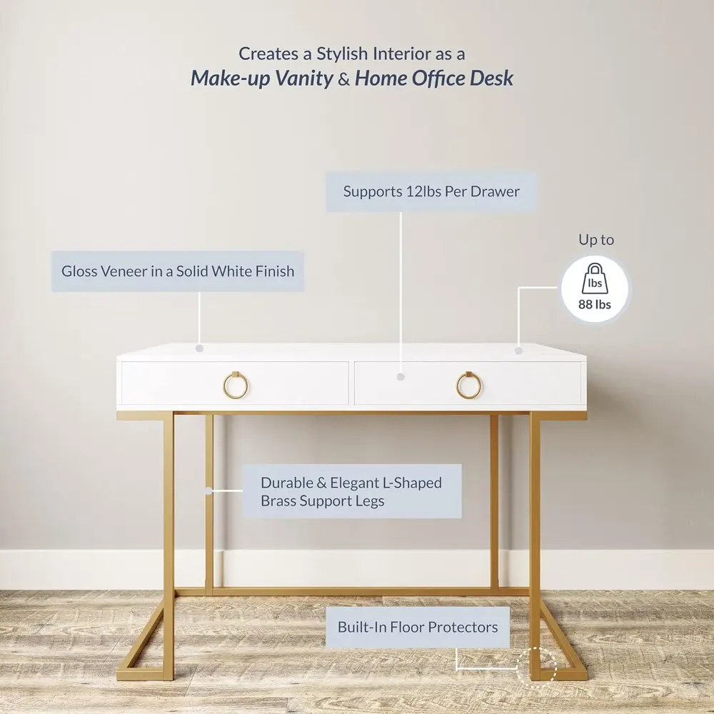 Vanity Desk with 2 Drawers, 45 Inch Computer Desk Mordern Vanity Makeup Dressing Table Home Office Desk Laptop Study Writing Ta