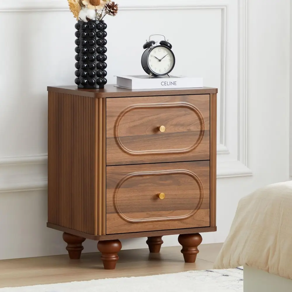 2 Drawer Fluted Mini Small Dresser for Bedroom Set of 2, Mid Century Modern Nightstand Bedside End Table, Wood Storage Dresser