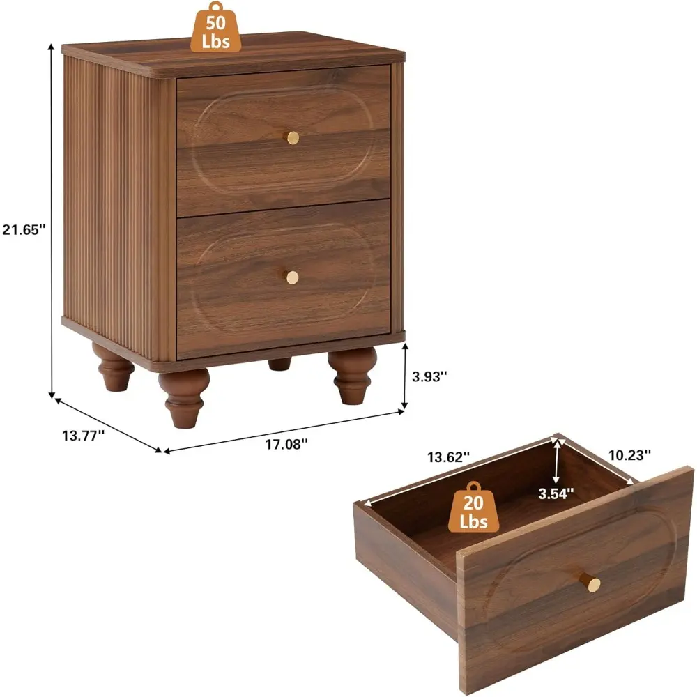 2 Drawer Fluted Mini Small Dresser for Bedroom Set of 2, Mid Century Modern Nightstand Bedside End Table, Wood Storage Dresser