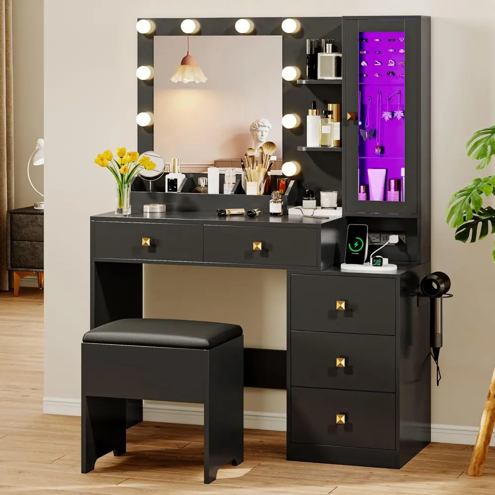 Vanity Desk with Mirror and Lights, Makeup Vanity Table Set with 5 Storage Drawers, Power Outlet & Chair, Small Dressing Table w