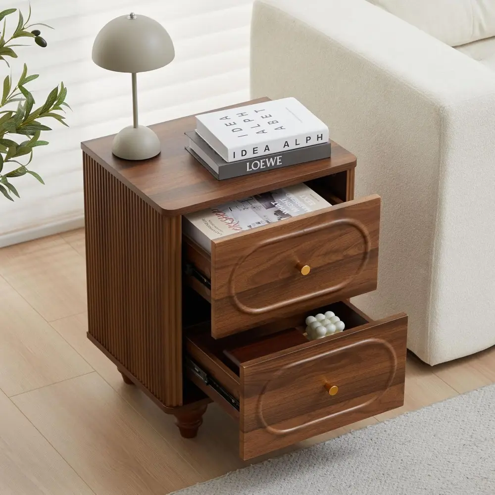 2 Drawer Fluted Mini Small Dresser for Bedroom Set of 2, Mid Century Modern Nightstand Bedside End Table, Wood Storage Dresser