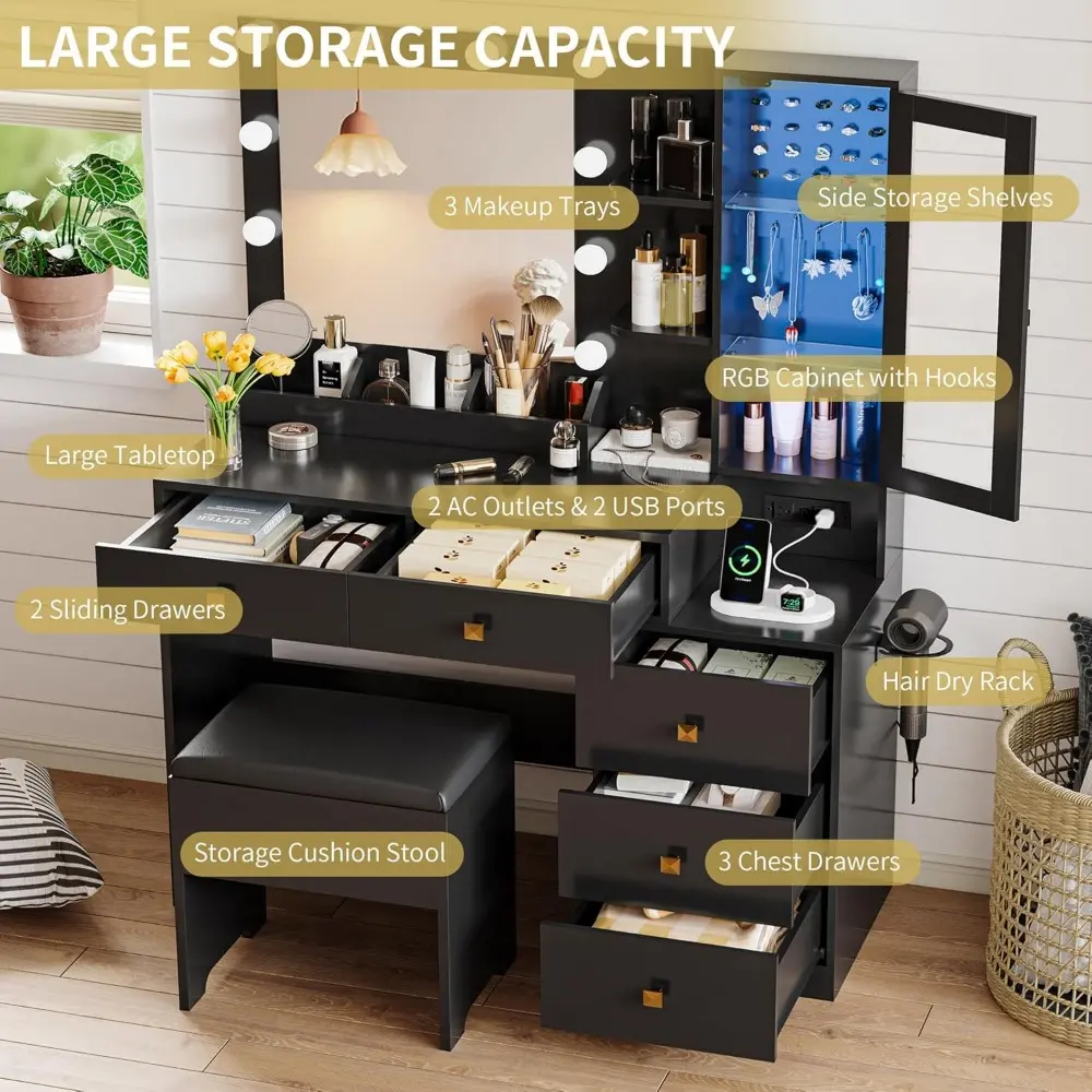 Vanity Desk with Mirror and Lights, Makeup Vanity Table Set with 5 Storage Drawers, Power Outlet & Chair, Small Dressing Table w